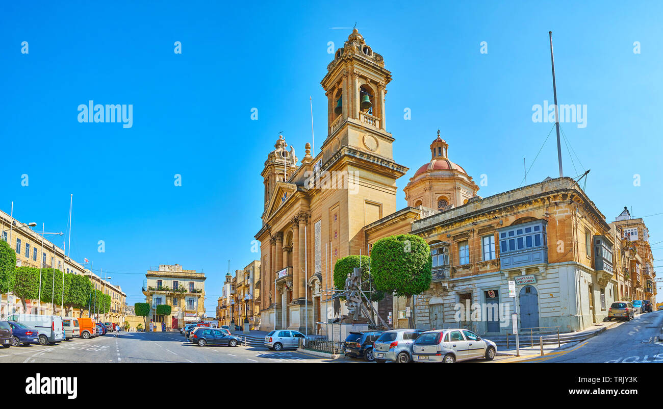 SENGLEA, MALTA - JUNE 19, 2018: Panorama with the main landmark of Victoria street - the church of Nativity of Virgin Mary (Maria Bambina), on June 19 Stock Photo