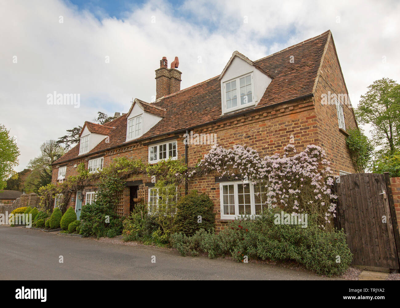 Two storey red brick house with dormer windows with clematis blooming on walls and garden of shrubs in village of Denham, Buckinghamshire England Stock Photo