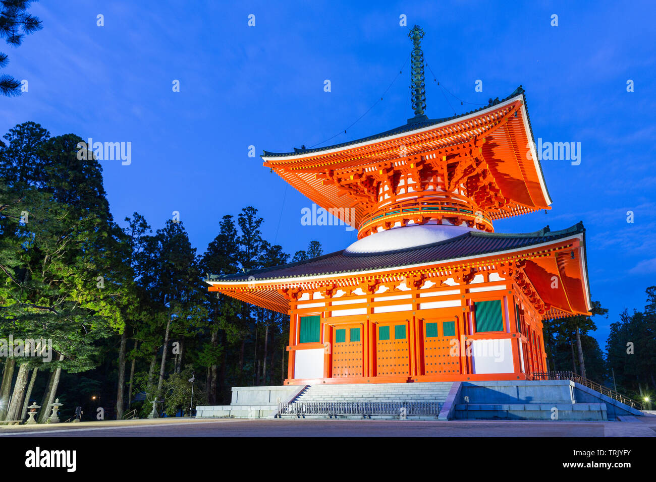 Orange Pagoda named Konpon Daito at the Danjo Garan Temple complex in the city of Koyasan in Japan. (copy space) Stock Photo
