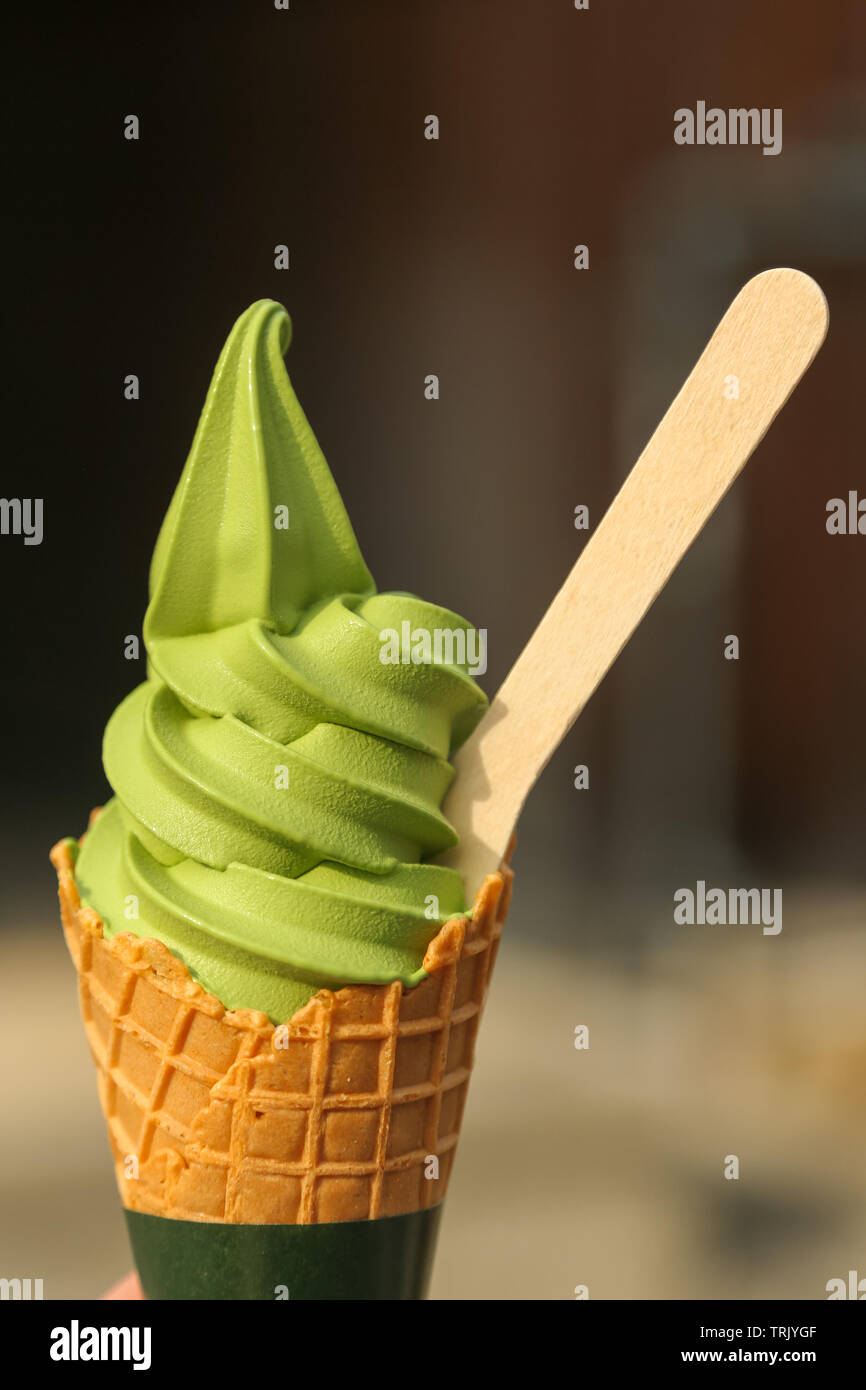 KYOTO, JAPAN - May 03, 2019: green tea Matcha soft ice cream Stock Photo