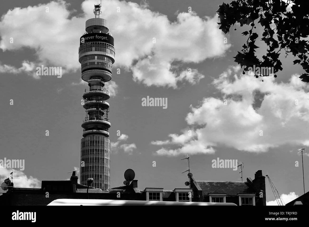 London, UK - 6th June 2019: BT Tower, Fitzrovia, with a message commemorating the 75th anniversary of DDay. Stock Photo