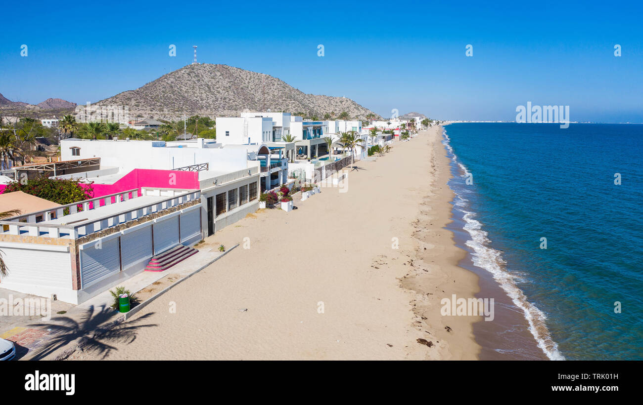 Aerial view of white beach houses in the Bay of Kino, Sonora, Mexico
