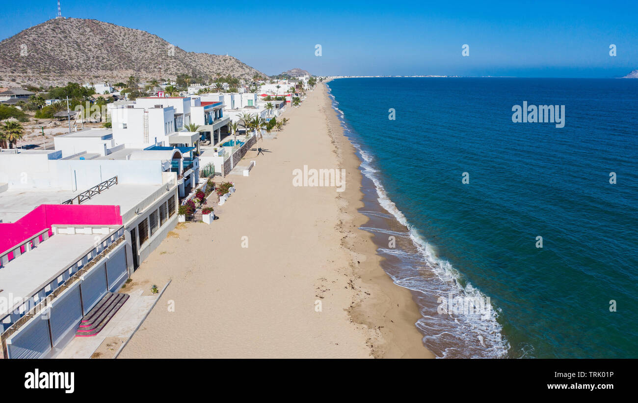 Aerial view of white beach houses in the Bay of Kino, Sonora, Mexico