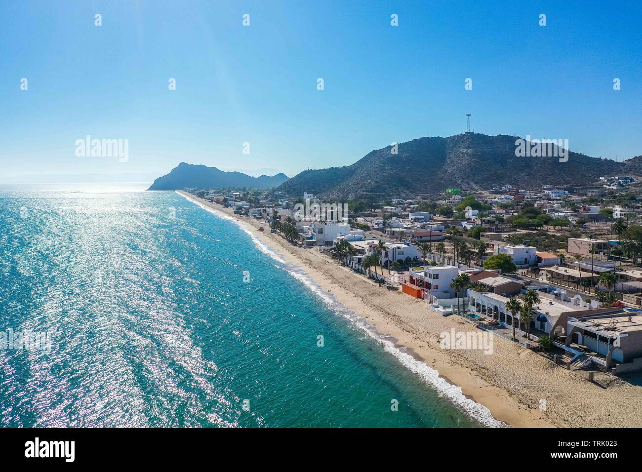 Aerial view of white beach houses in the Bay of Kino, Sonora, Mexico