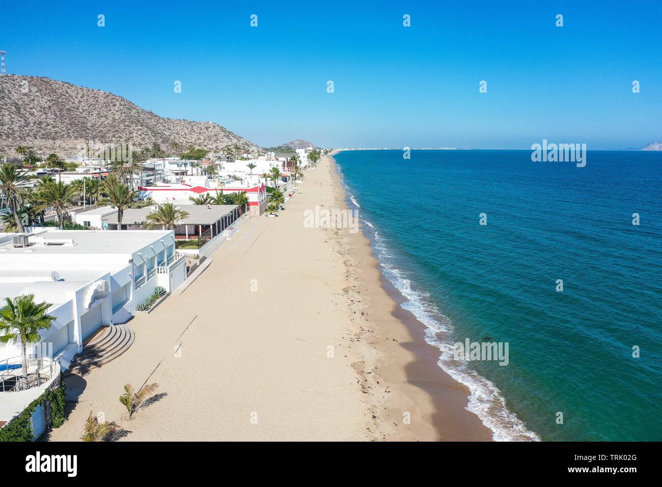 Aerial view of white beach houses in the Bay of Kino, Sonora, Mexico