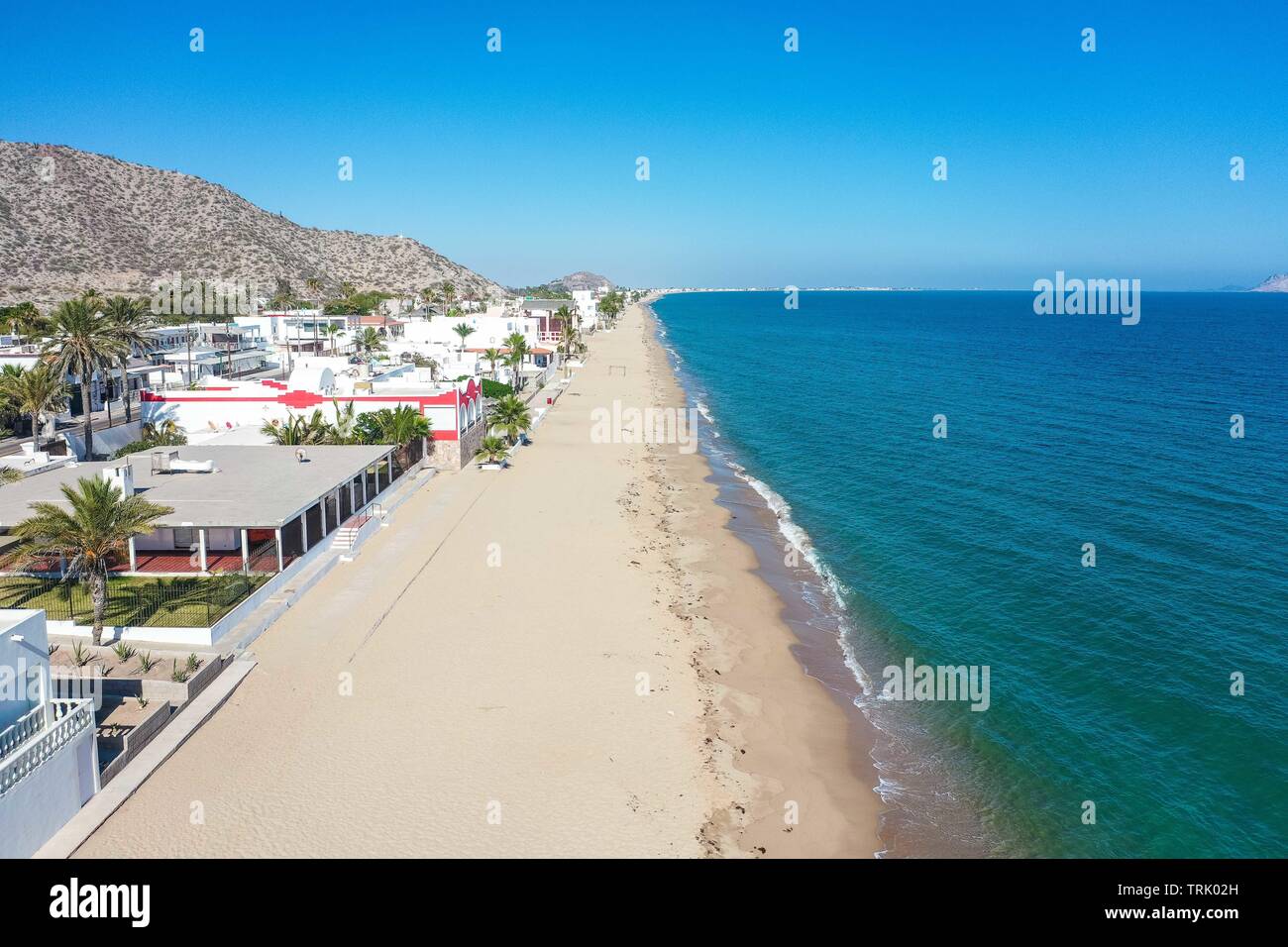 Aerial view of white beach houses in the Bay of Kino, Sonora, Mexico