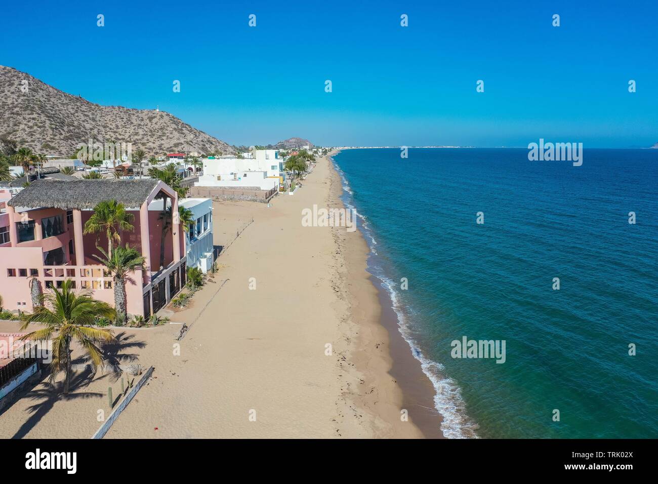 Aerial view of white beach houses in the Bay of Kino, Sonora, Mexico