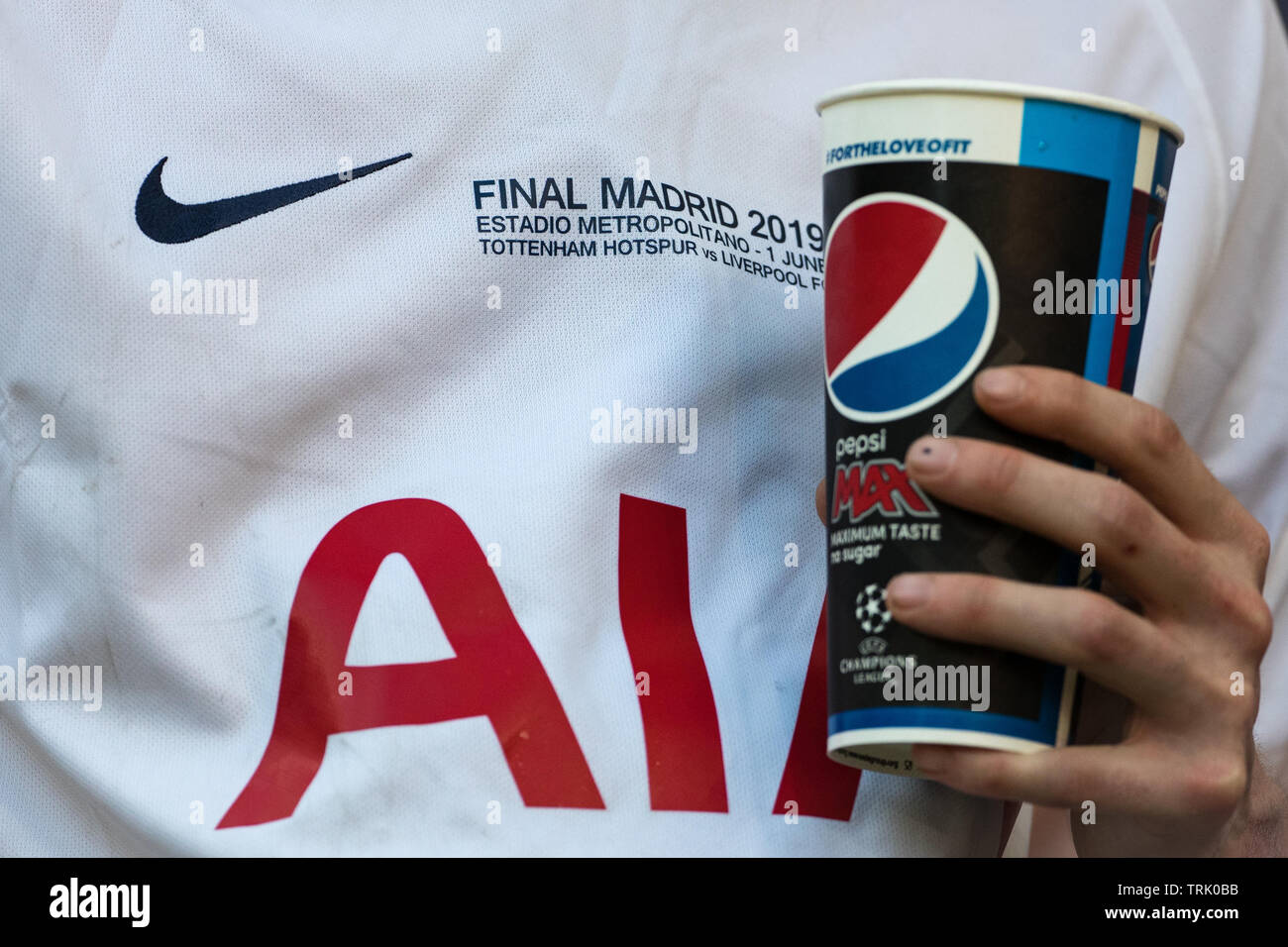 CL FINAL 2019 replica Spurs shirt of supporter ahead of the UEFA Champions League FINAL match between Tottenham Hotspur and Liverpool at the Metropoli Stock Photo