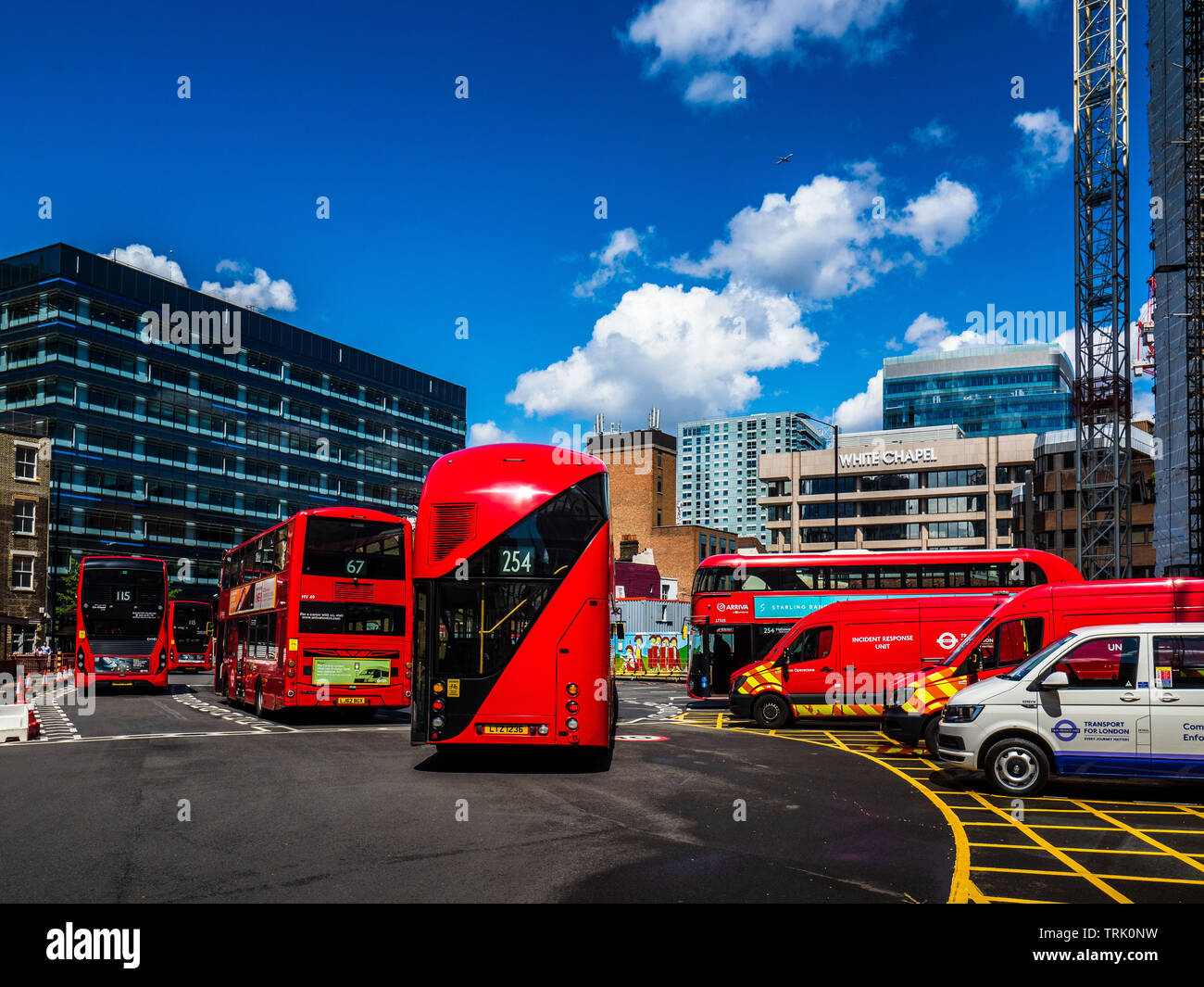 London Aldgate Bus Depot / Aldgate Bus Station in the City of London Financial District, UK, owned and maintained by Transport for London TfL Stock Photo