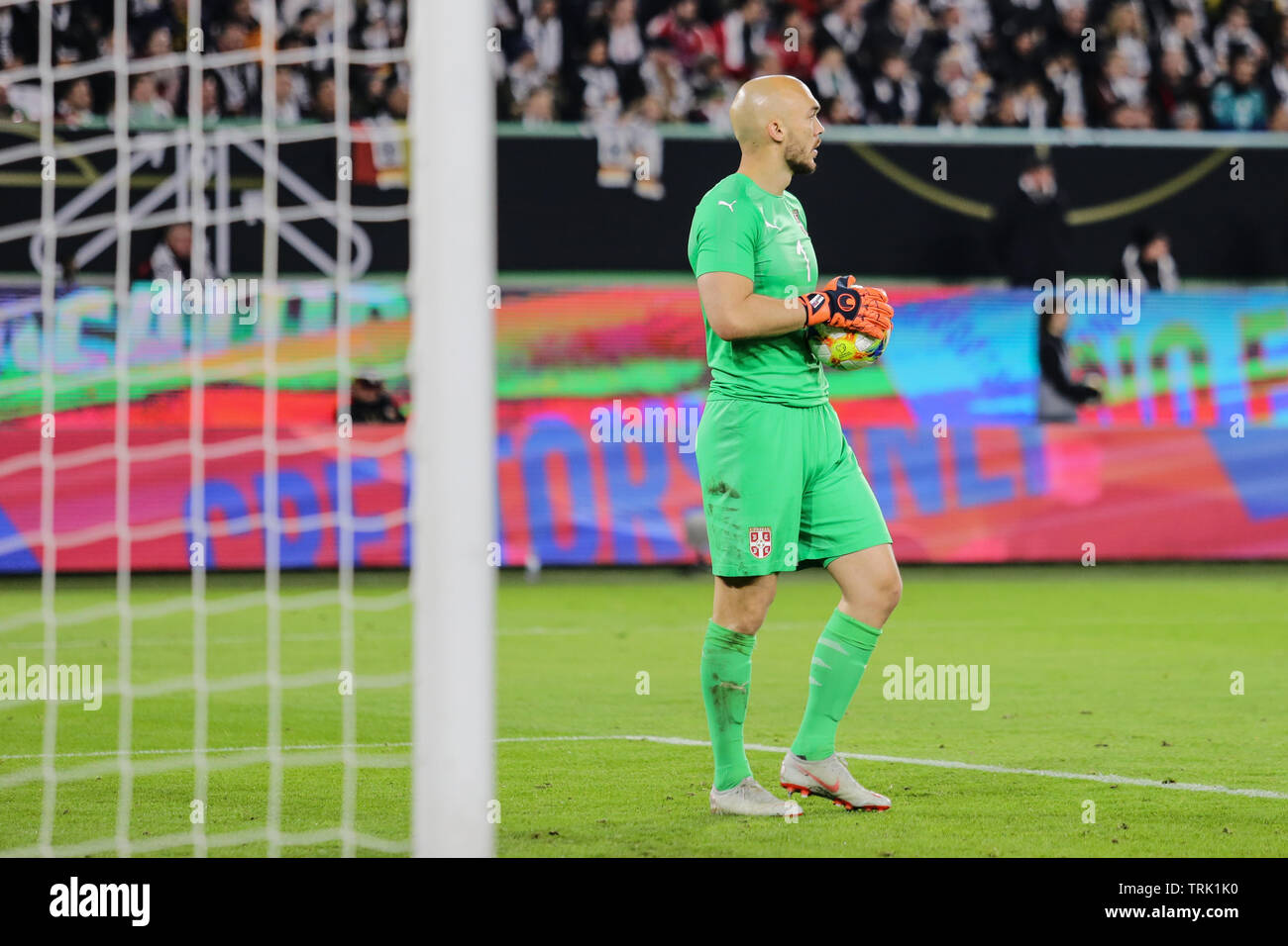 Wolfsburg, Germany, March 20, 2019: Serbia national team goalkeeper, Marko Dmitrovic, in action during the soccer game between Germany and Serbia Stock Photo