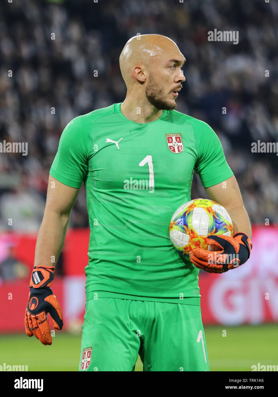 Wolfsburg, Germany, March 20, 2019: Serbia national team goalkeeper, Marko Dmitrovic, during the soccer game between Germany and Serbia. Stock Photo