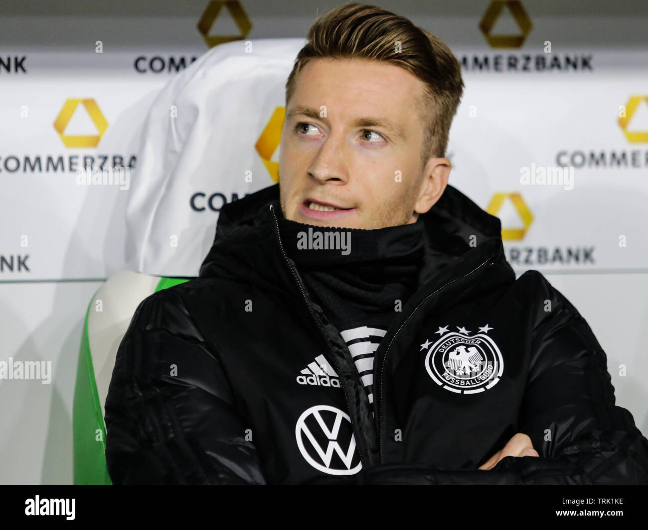 Wolfsburg, Germany, March 20, 2019: Germany national team footballer, Marco Reus, sitting on the bench during the soccer match Germany vs Serbia Stock Photo
