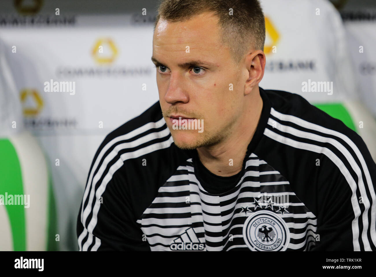 Wolfsburg, Germany, March 20, 2019: Germany national team goalkeeper, Marc-Andre ter Stegen, sitting on the bench during Germany vs Serbia. Stock Photo