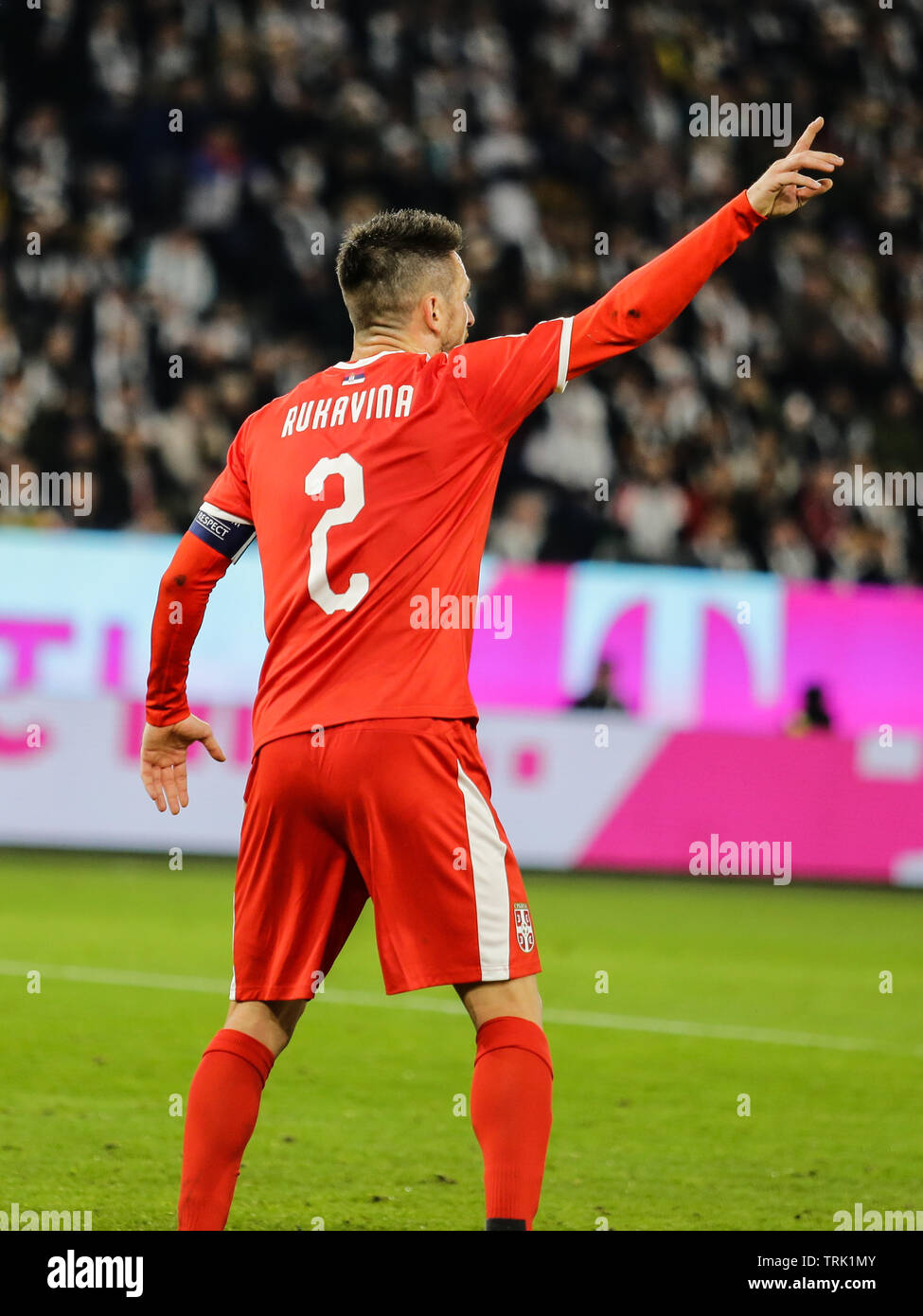 Wolfsburg, Germany, March 20, 2019: Serbian national team captain, Antonio Rukavina, directs his teammates during the soccer game Germany vs Serbia. Stock Photo