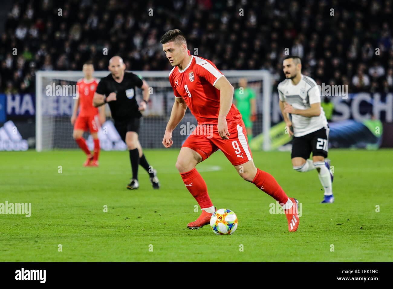 Wolfsburg, Germany, March 20, 2019: Serbian footballer, Luka Jovic, in action during the international friendly soccer game Germany vs Serbia. Stock Photo