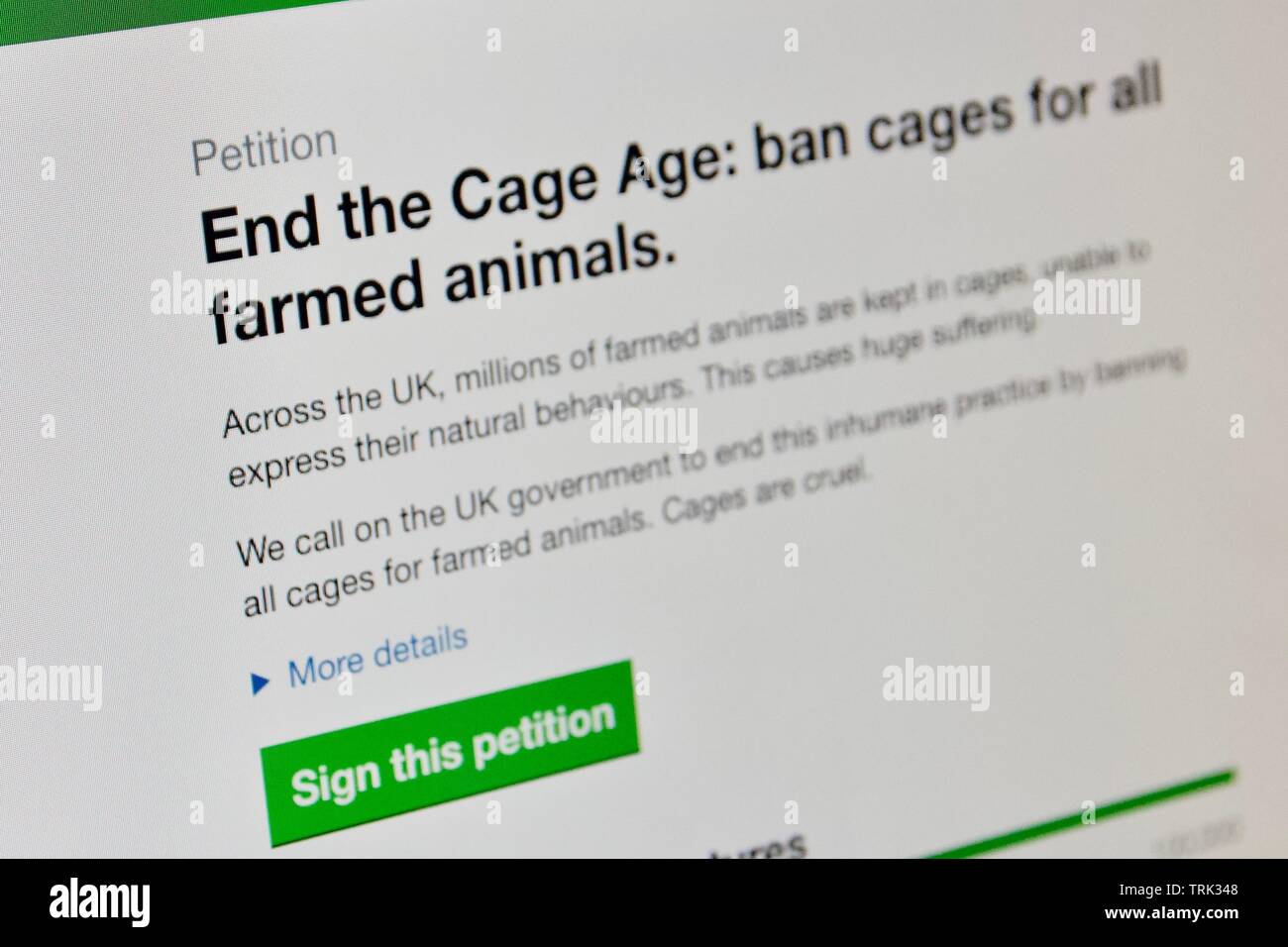 UK online animal petition to ban cages for all farmed animals Stock Photo