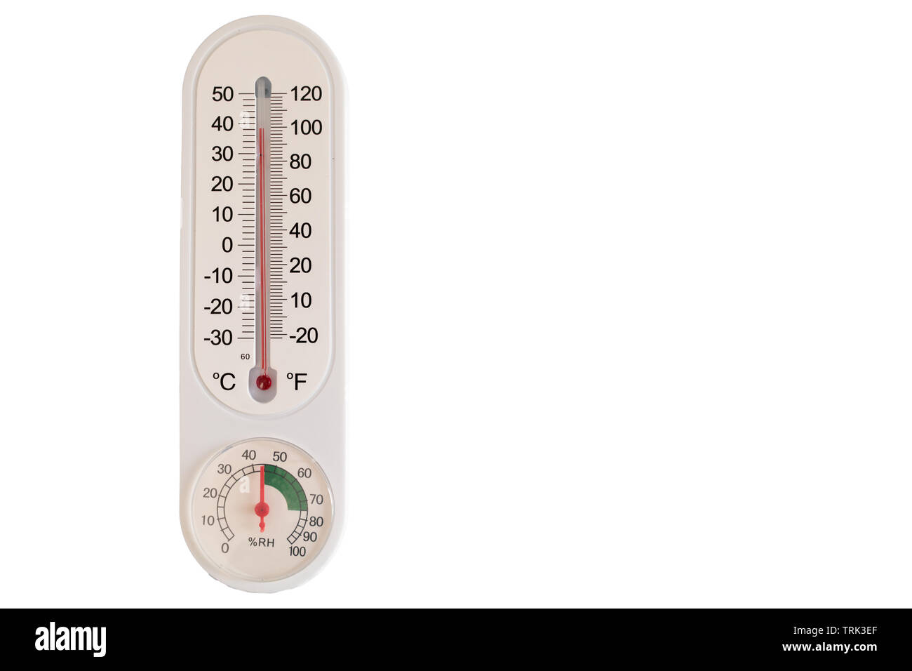 Thermometer showing ambient temperature and humidity. Isolated with