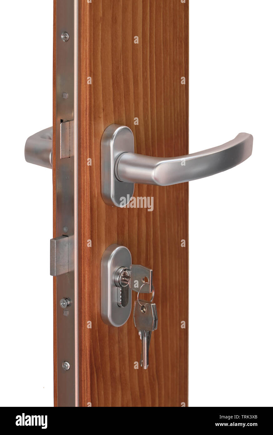 Intersection Of Open Wooden Door With Metal Handle And Keys Inside