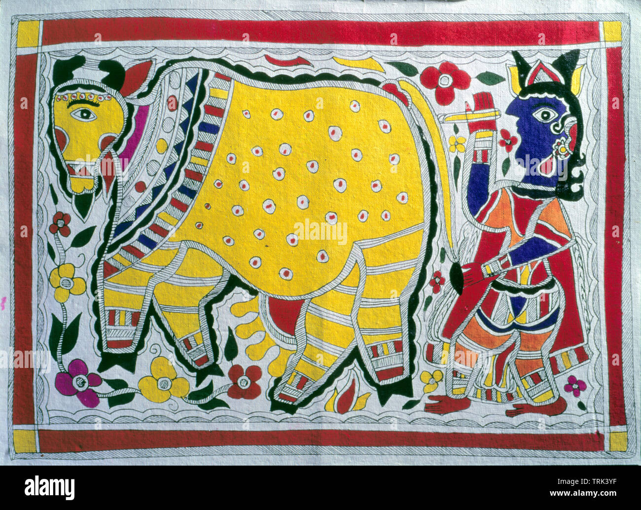 Krishna and Cow in form of Folk Art-Madhubani Painting madhubani Bihar INDIA Stock Photo