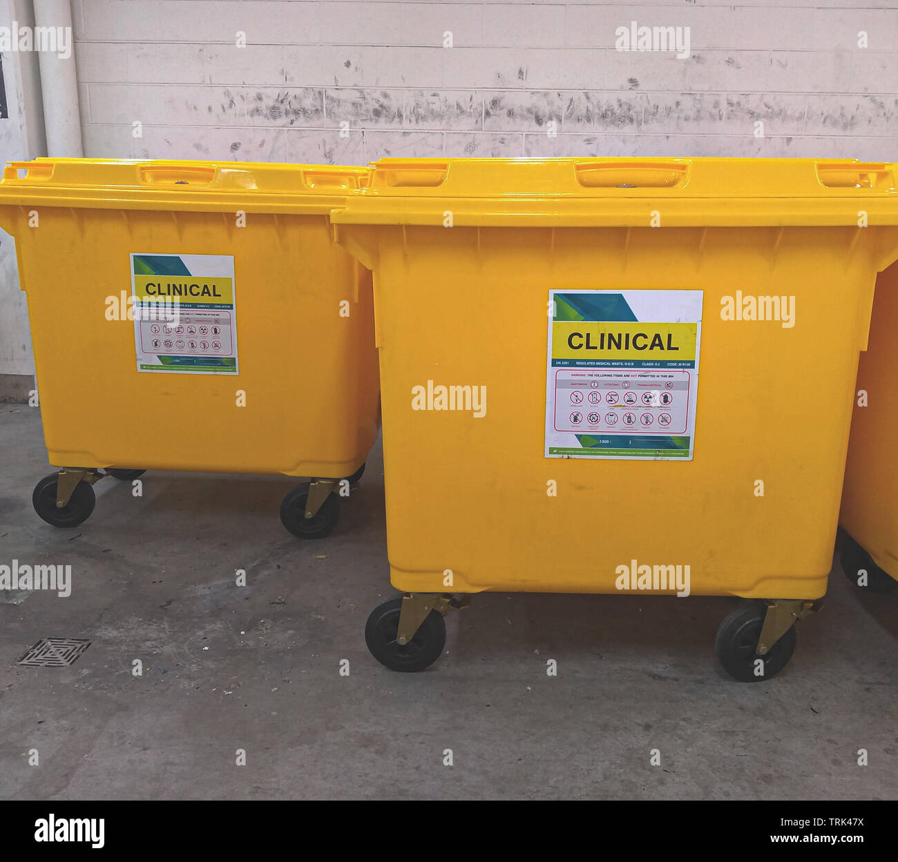 Clinical or bio hazard yellow waste bins at a Sydney hospital Australia