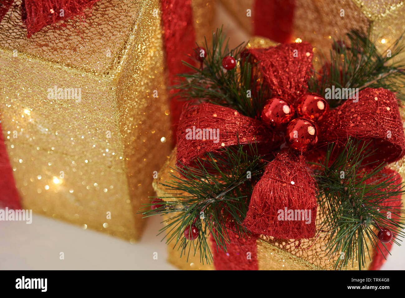 Gift christmas boxes theme. Red ribbon for New Year celebration Stock Photo