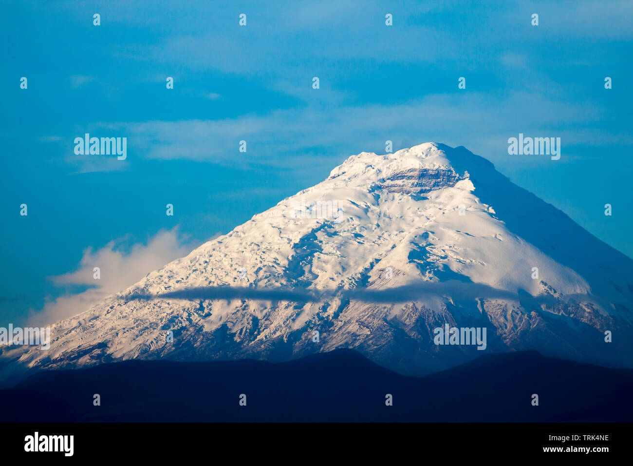 Cotopaxi is an active stratovolcano in the Andes Mountains, located in the Latacunga canton of Cotopaxi Province. This image was shot about 50 km away Stock Photo