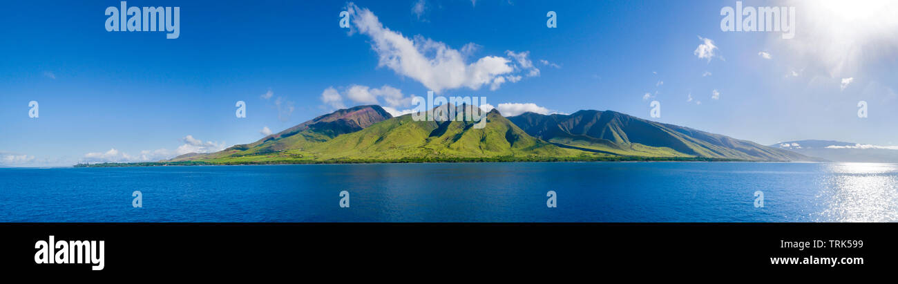 A series of shots were stitched together for this view of West Maui from off Oluwalu, Maui, Hawaii, USA. Stock Photo