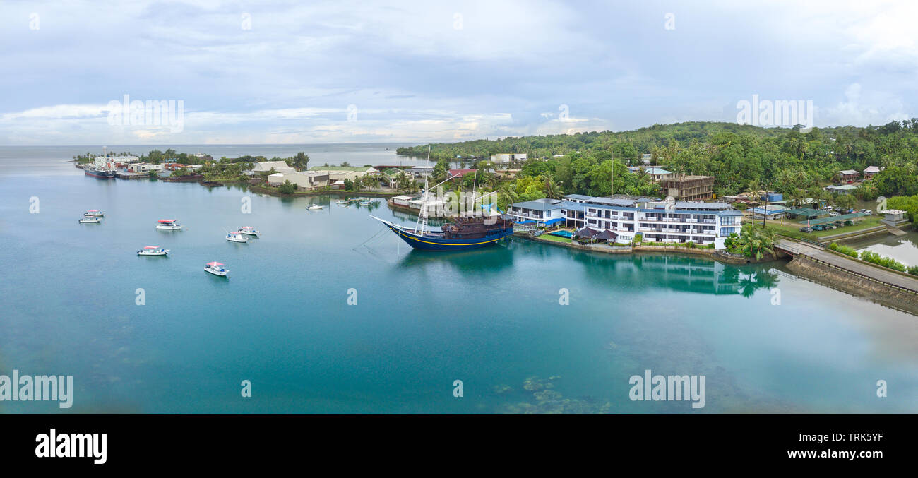 An aerial view of the Manta Ray Bay Resort in the town of Colonia on the island of Yap, Micronesia. Stock Photo