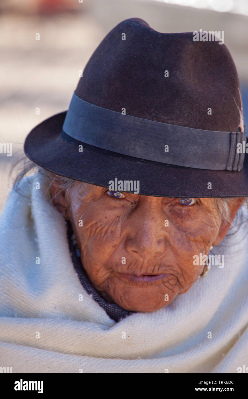 An older native woman in an Indian market in the town of Otavalo, Equador. NMR Stock Photo