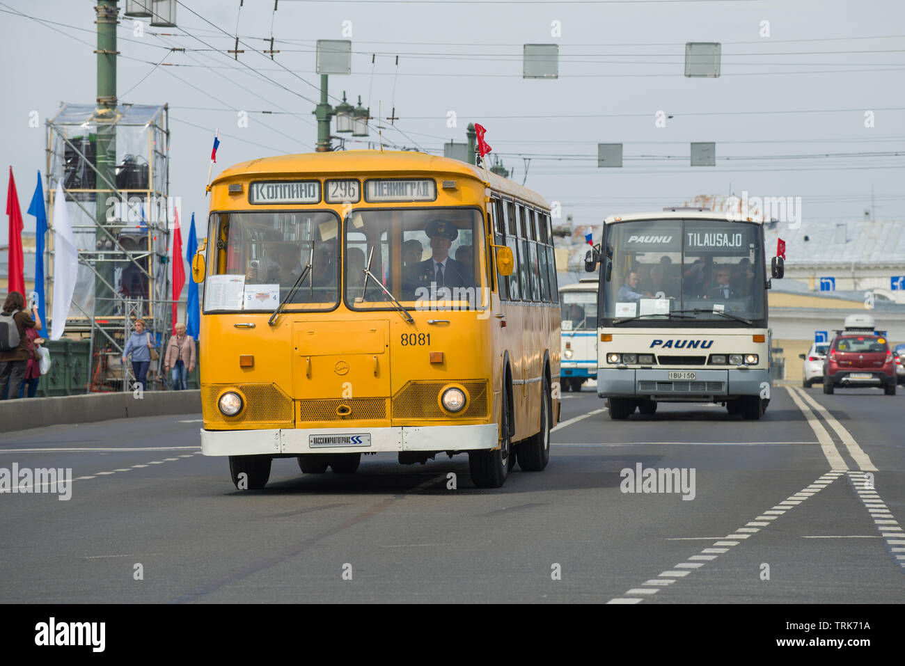 SAINT-PETERSBURG, RUSSIA - MAY 25, 2019: Soviet bus LiAZ-677M in a column of retro buses. Fragment of retro transport parade on City Day Stock Photo