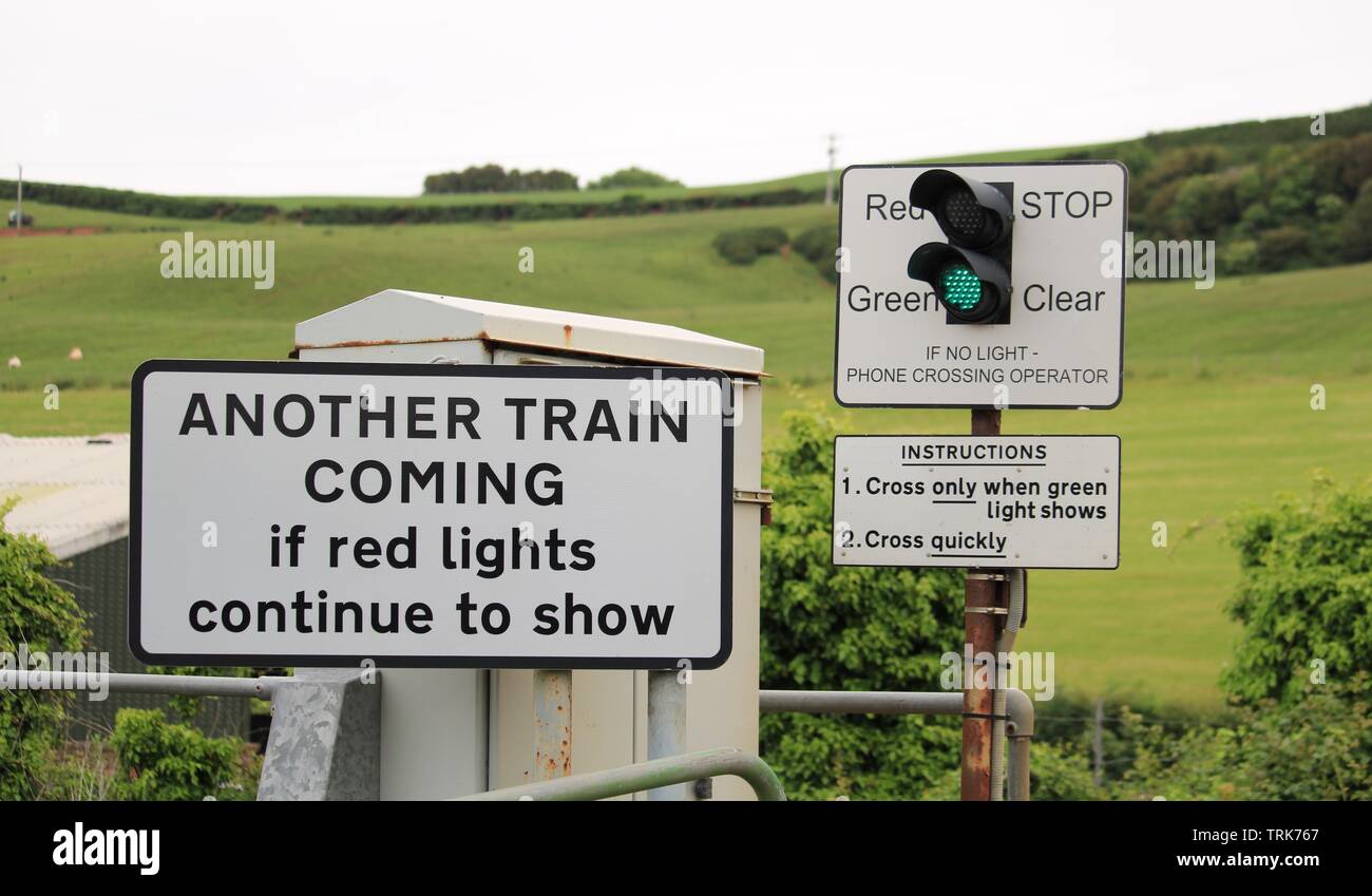 Train level crossing, Cumbria UK rural Countryside. Stock Photo