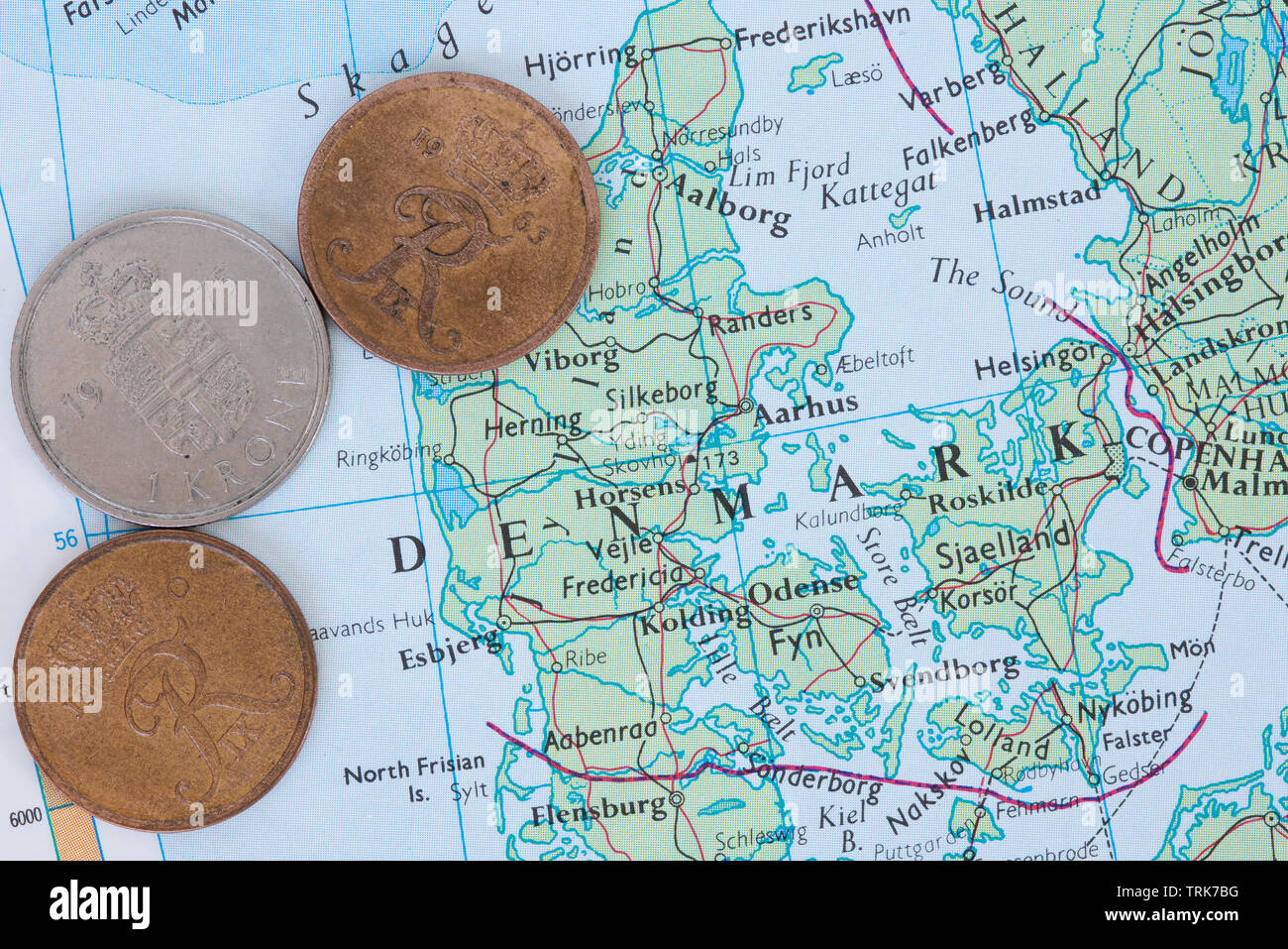 Various coins of Denmark and a map Stock Photo