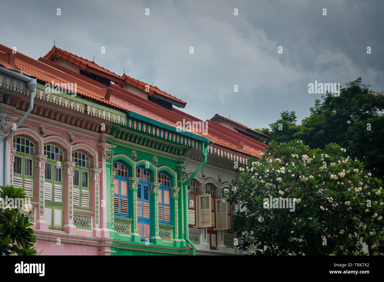 The Joo Chiat area of Singapore is well known for Peranakan style architecture and colourful shophouses. Stock Photo