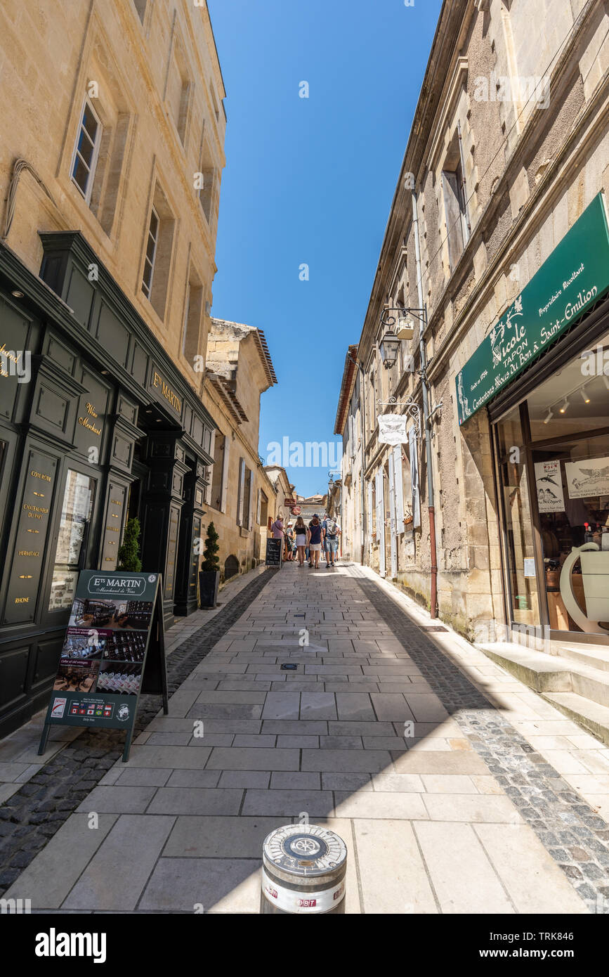 Saint Emilion, France - May 31 2019: well known for its Bordeaux wines, Saint Emilion is also a picturesque medieval village, very popular with its co Stock Photo