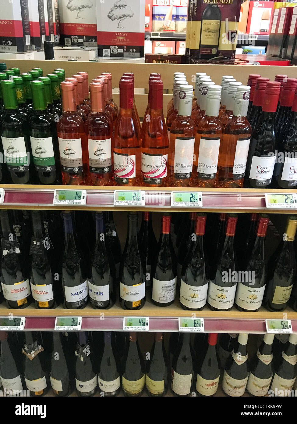 Wines section in a supermarket, France Stock Photo
