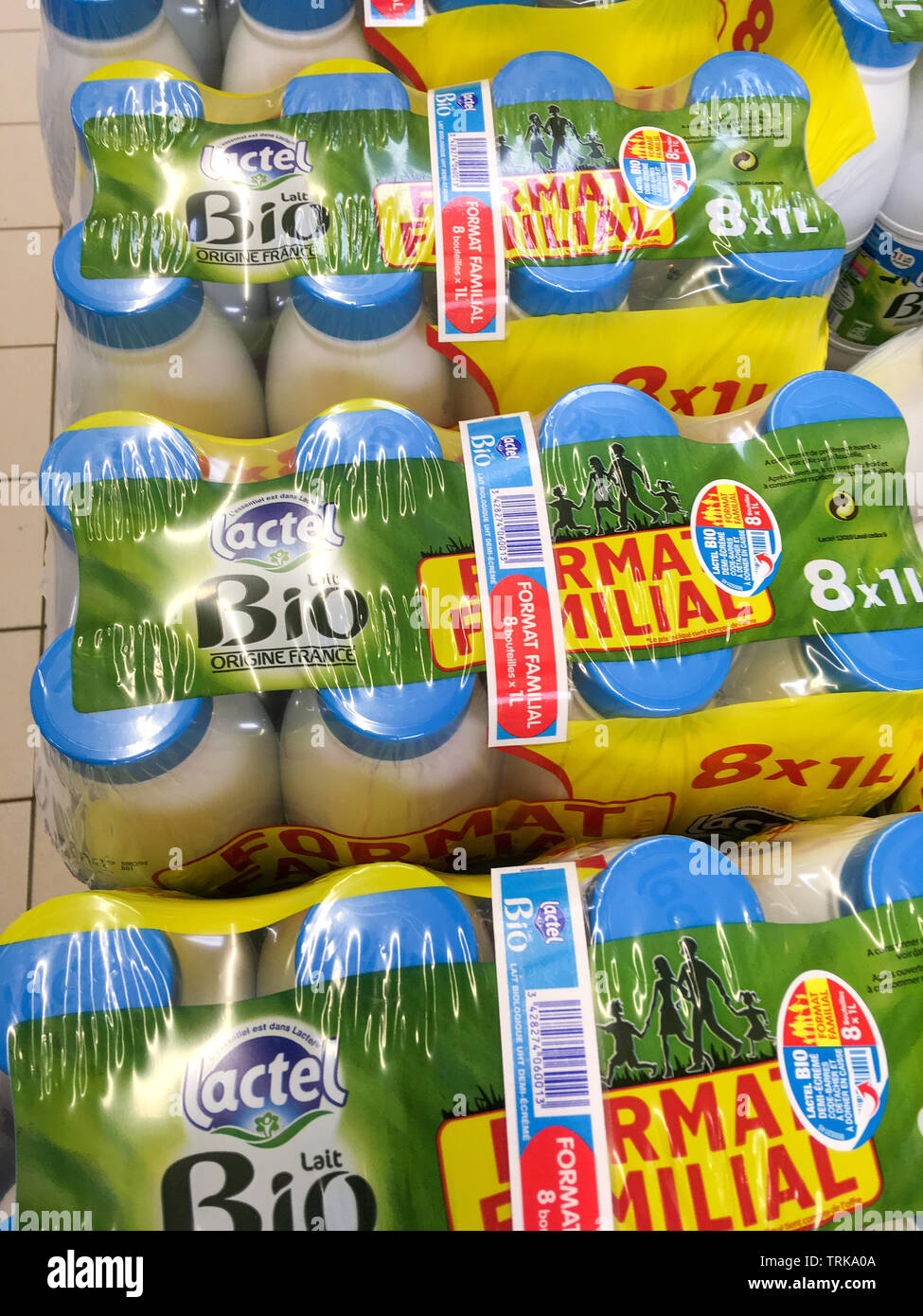 Organic milk bottles, France Stock Photo