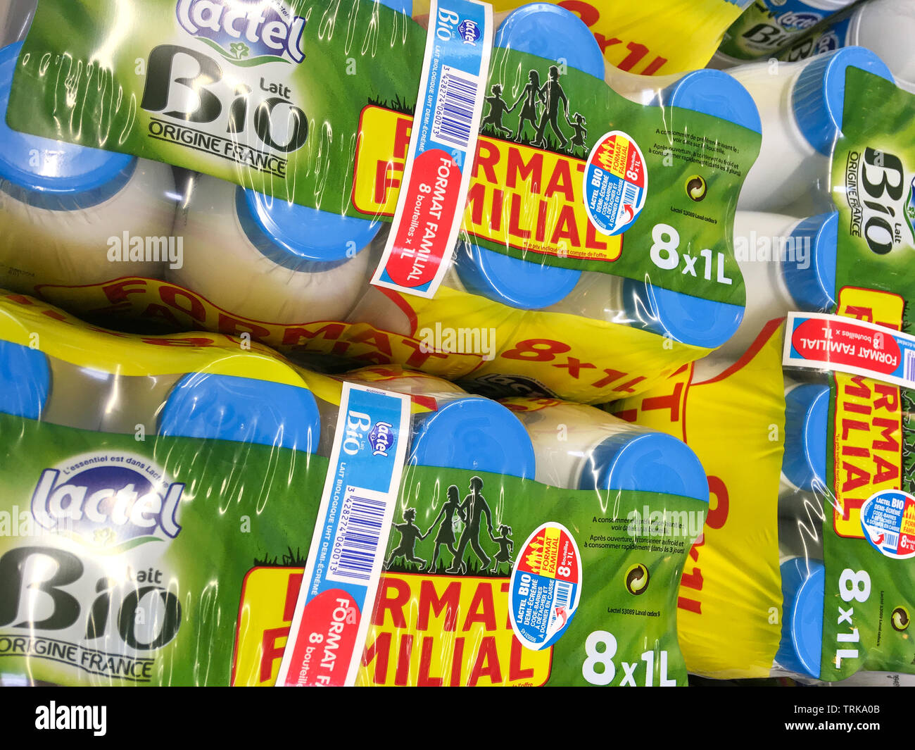 Organic milk bottles, France Stock Photo
