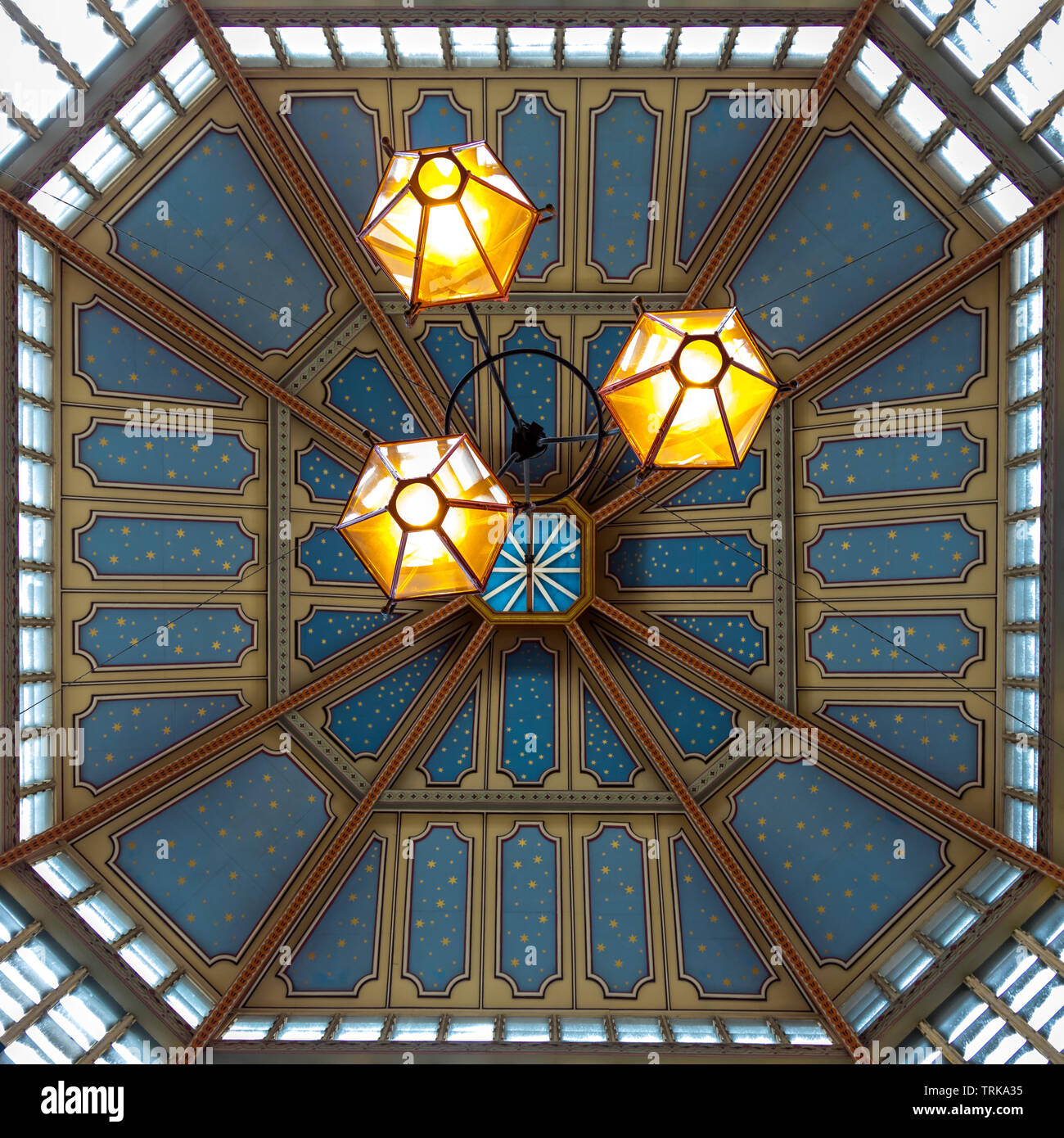 London, UK - 5th June 2017: Detail of the ceiling of the Leadenhall Market. A Victorian covered market in the City of London, used as the location for Stock Photo