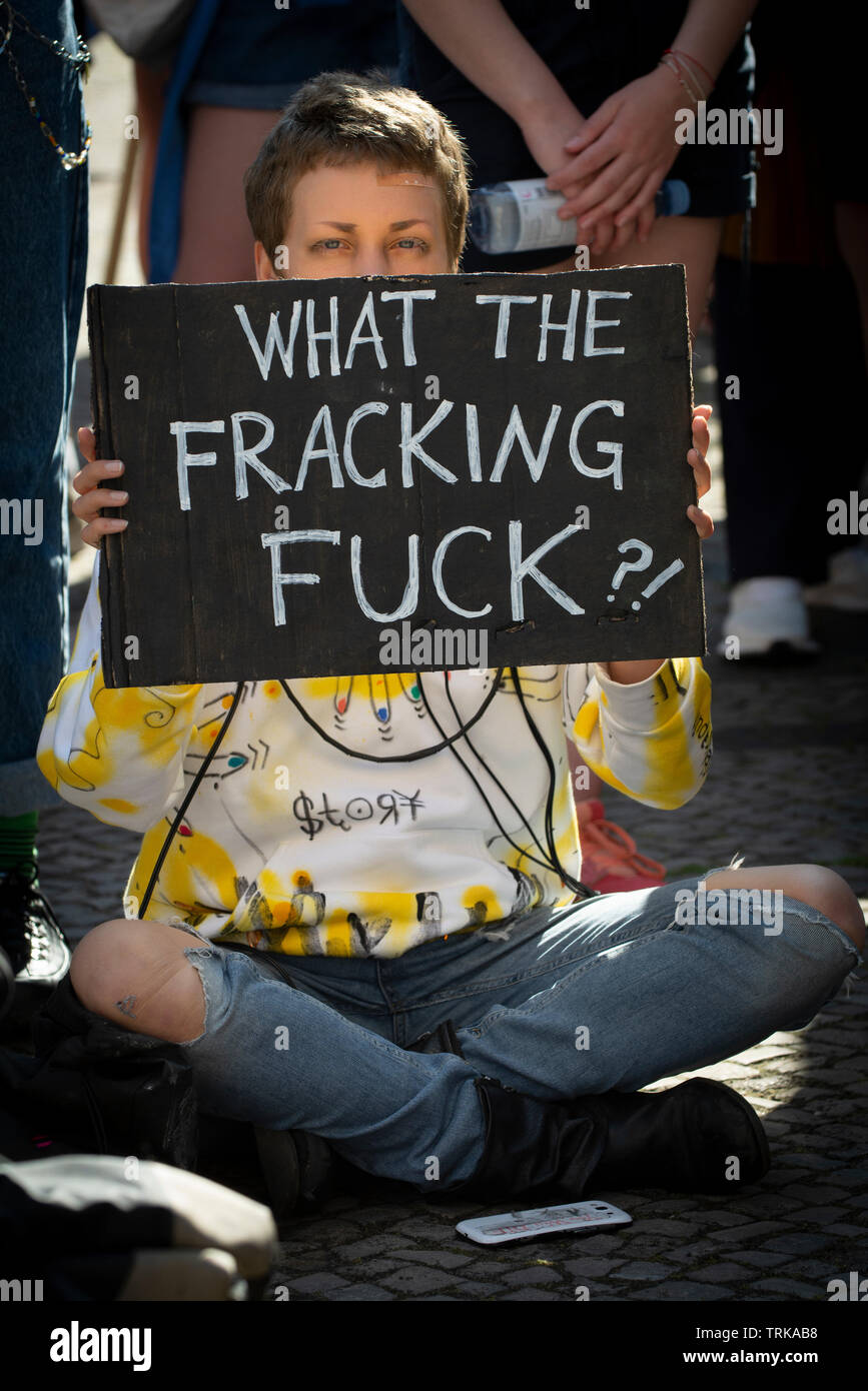 Demonstrators outside the German Bundesrat in Berlin. Against the import of USA Fracked Gas into Germany. Stock Photo