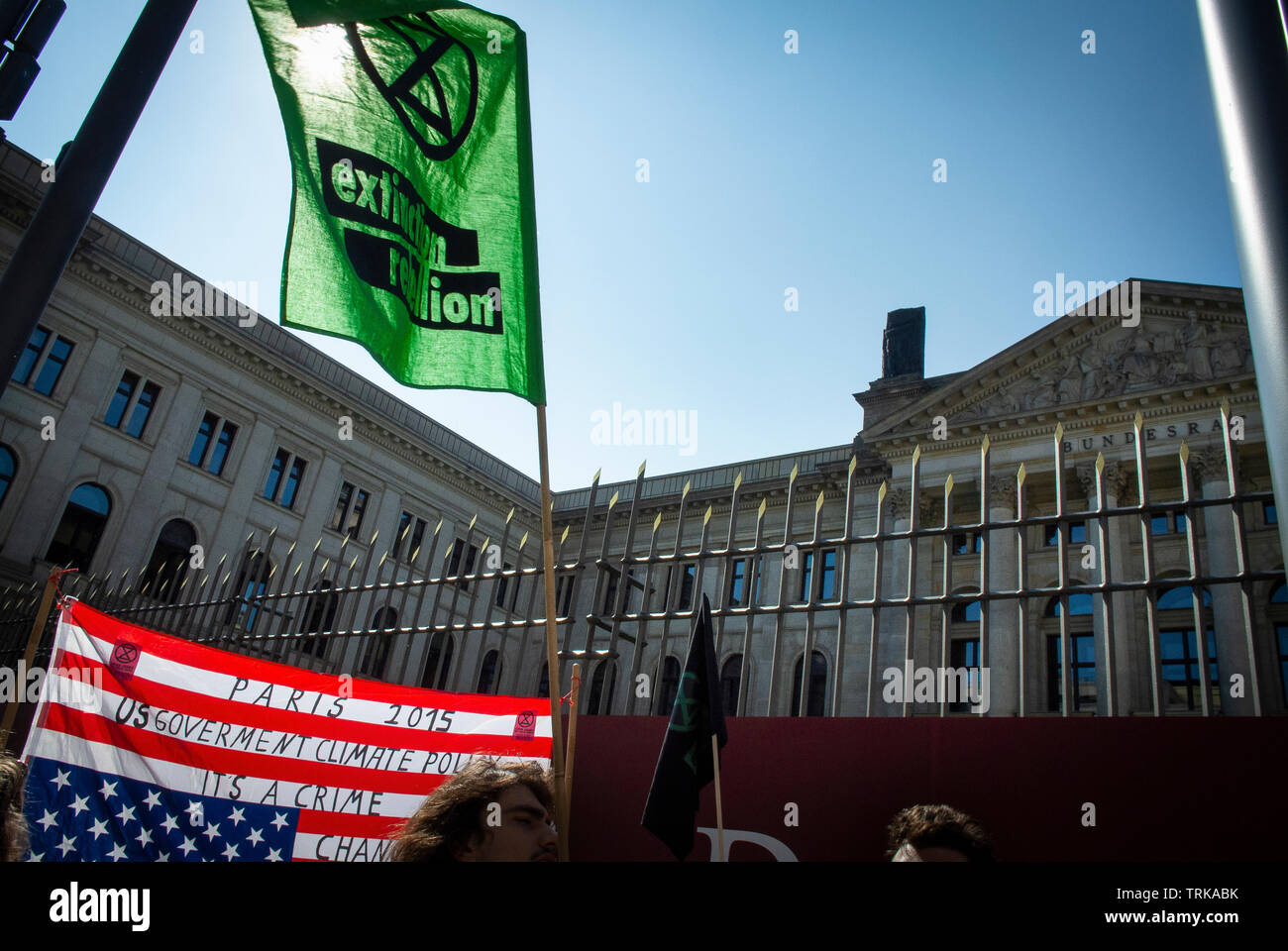 Demonstrators outside the German Bundesrat in Berlin. Against the import of USA Fracked Gas into Germany. Stock Photo