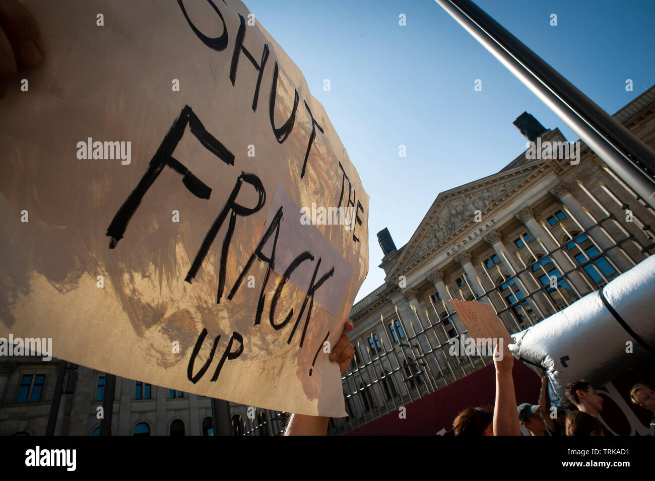 Demonstrators outside the German Bundesrat in Berlin. Against the import of USA Fracked Gas into Germany. Stock Photo