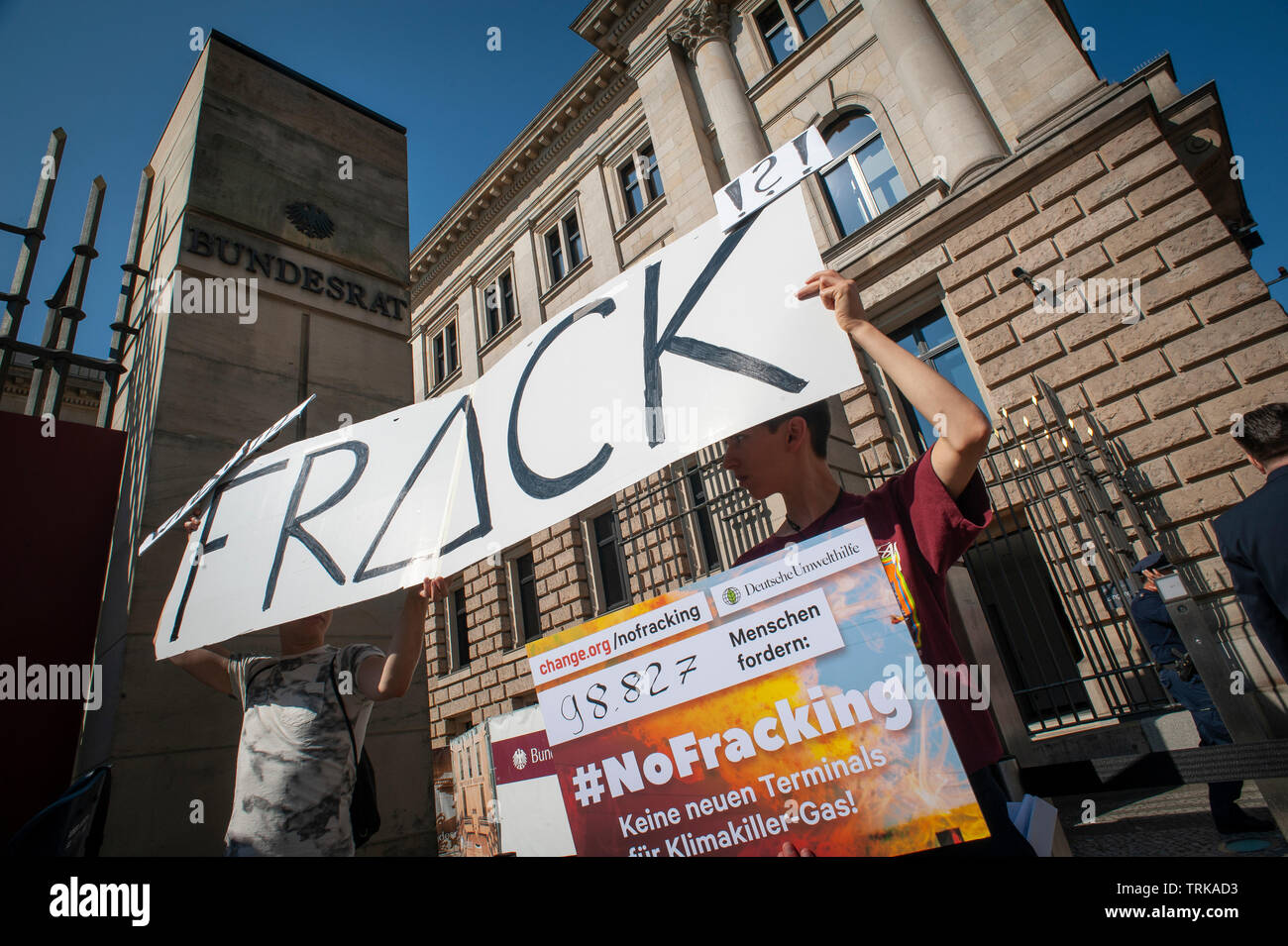 Demonstrators outside the German Bundesrat in Berlin. Against the import of USA Fracked Gas into Germany. Stock Photo
