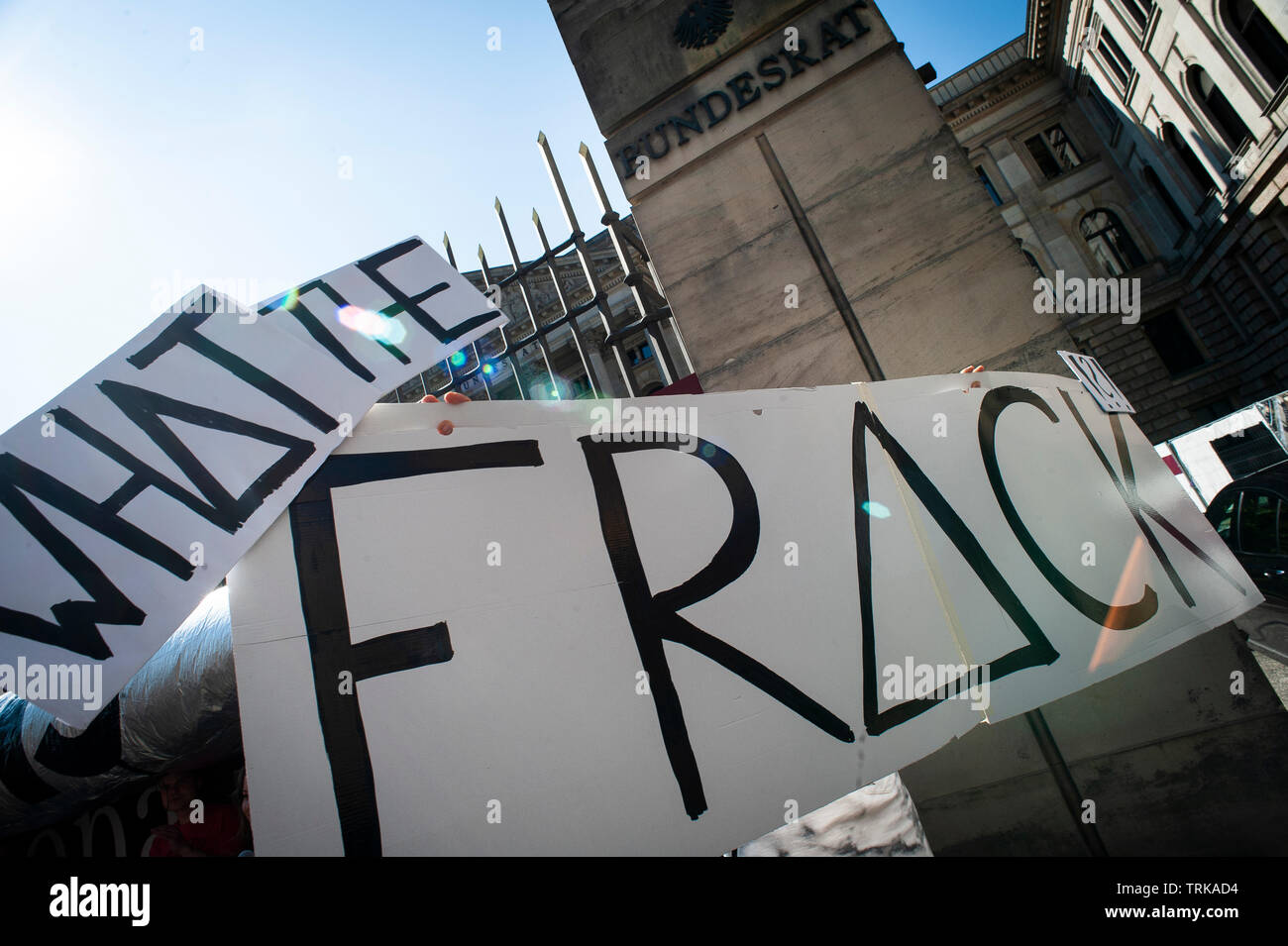 Demonstrators outside the German Bundesrat in Berlin. Against the import of USA Fracked Gas into Germany. Stock Photo