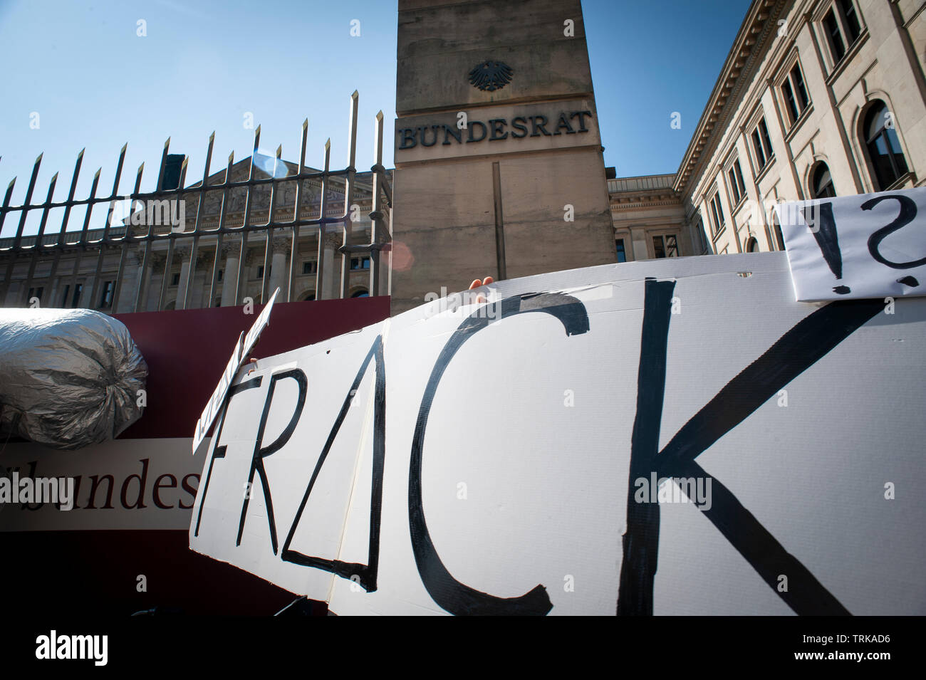 Demonstrators outside the German Bundesrat in Berlin. Against the import of USA Fracked Gas into Germany. Stock Photo