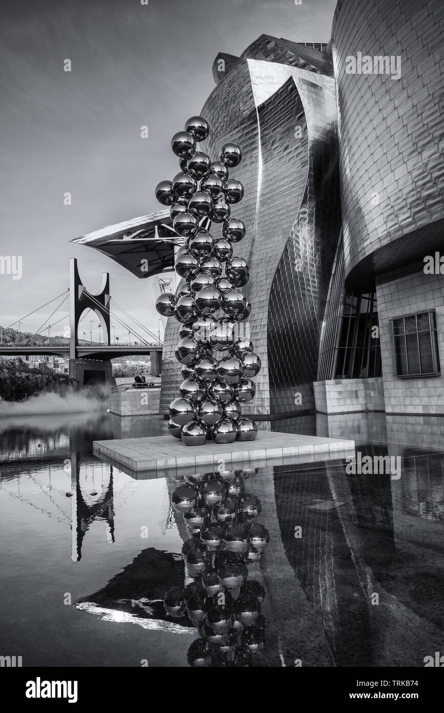 Architectural exterior section of contemporary Guggenheim Museum building, featuring Silver balls by Anish Kapoor, Bilbao, Basque Country, Spain Stock Photo