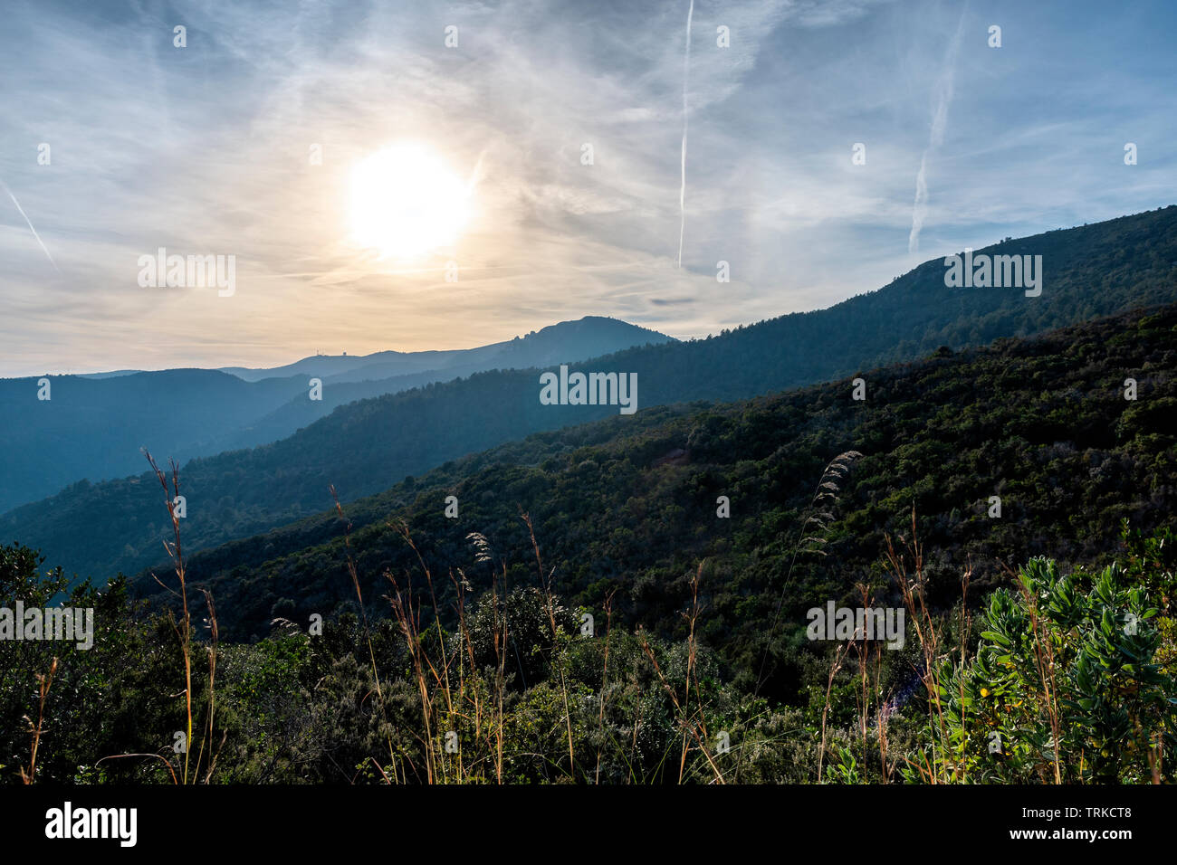 Hiking at sunset in the mountain, Catalonia Spain Stock Photo
