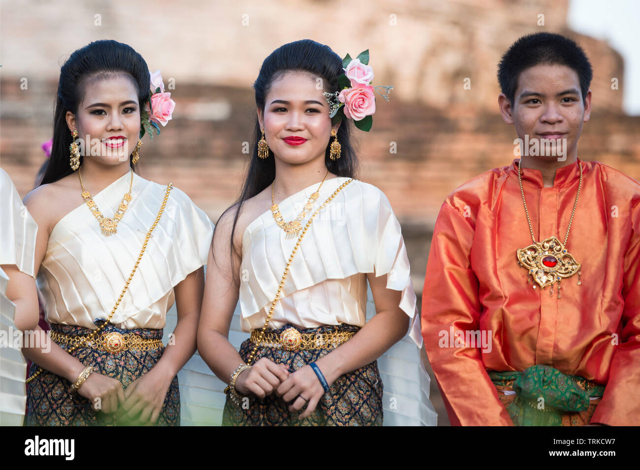 traditional dresst thai people at the Loy Krathong Festival in the Historical Park in Sukhothai in the Provinz Sukhothai in Thailand.   Thailand, Sukh Stock Photo