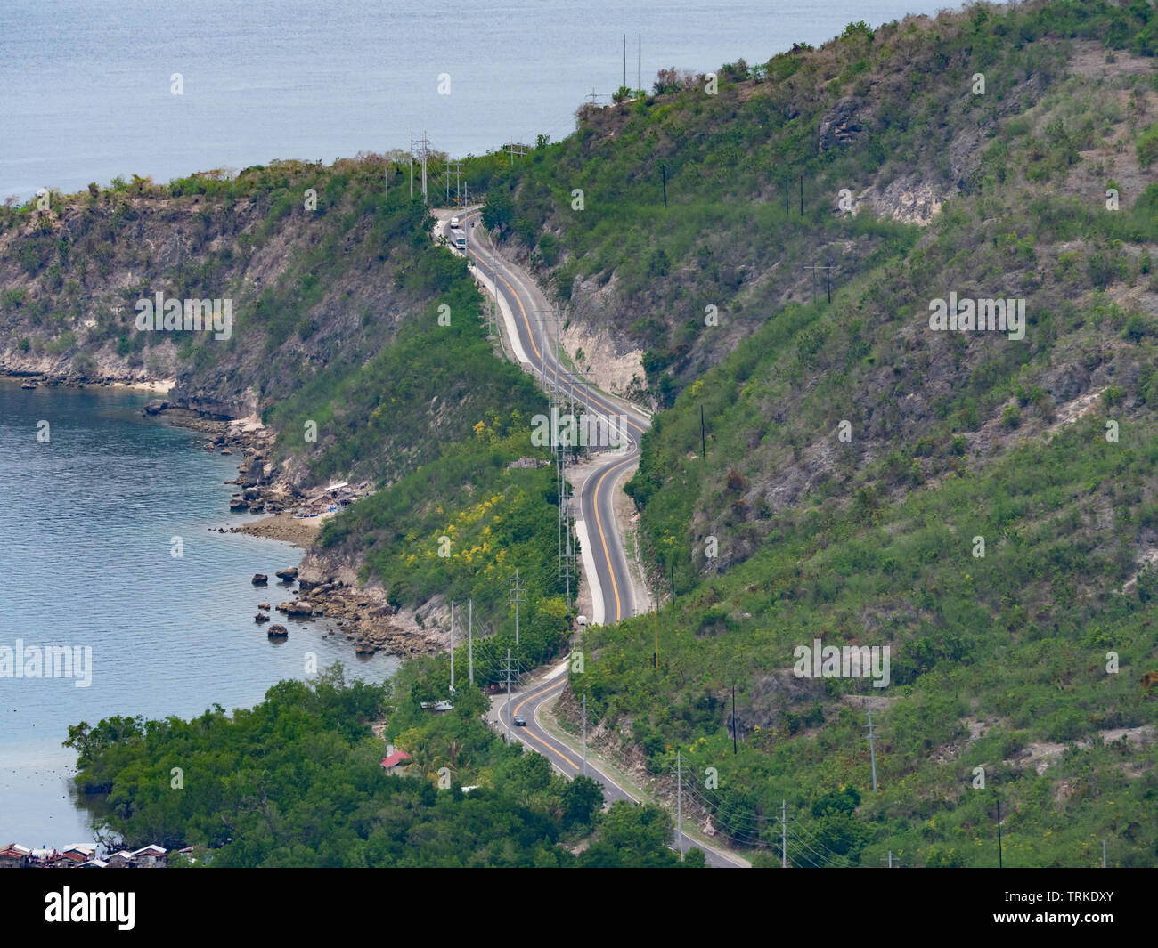 Aerial view of the South Cotabato - Sarangani Road along the coast of southern Mindanao, the southernmost large island of the Philippines. Stock Photo