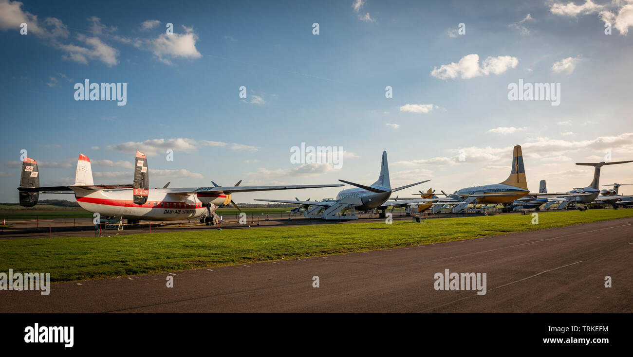 Commercial jet and turbo-prop airliners on the runway at the Imperial War Museum, Duxford, Cambridgeshire, UK Stock Photo