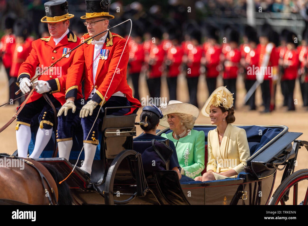 London, UK. 8th June 2019 Trooping the Colour 2019, The Queen's Birthday parade on Horseguards Parade London in the presence of Her Majesty The Queen.  Colour trooped by the 1st Battalion Grenadier Guards Duchess of Cronwall and Duchess of Cambridge arrive  Credit Ian Davidson/Alamy Live News Stock Photo